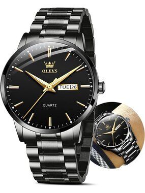 Men's Black Stainless Steel Solid Luminous Quartz Waterproof Round Classic Watch